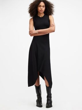AllSaints Gia Asymmetrical Ribbed Midi/Maxi Dress Size 6 Black Handkerchief Hem